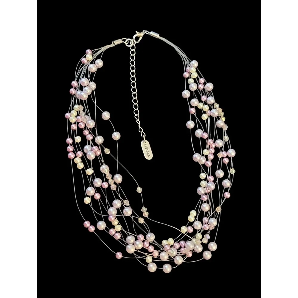 Kissaka Faux Pearl Crystal Illusion Multi Strand Necklace Pink White 15